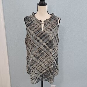 CAbi #3451 Graph Tellis Sleeveless Blouse Black Gray Keyhole Neckline Sz LARGE